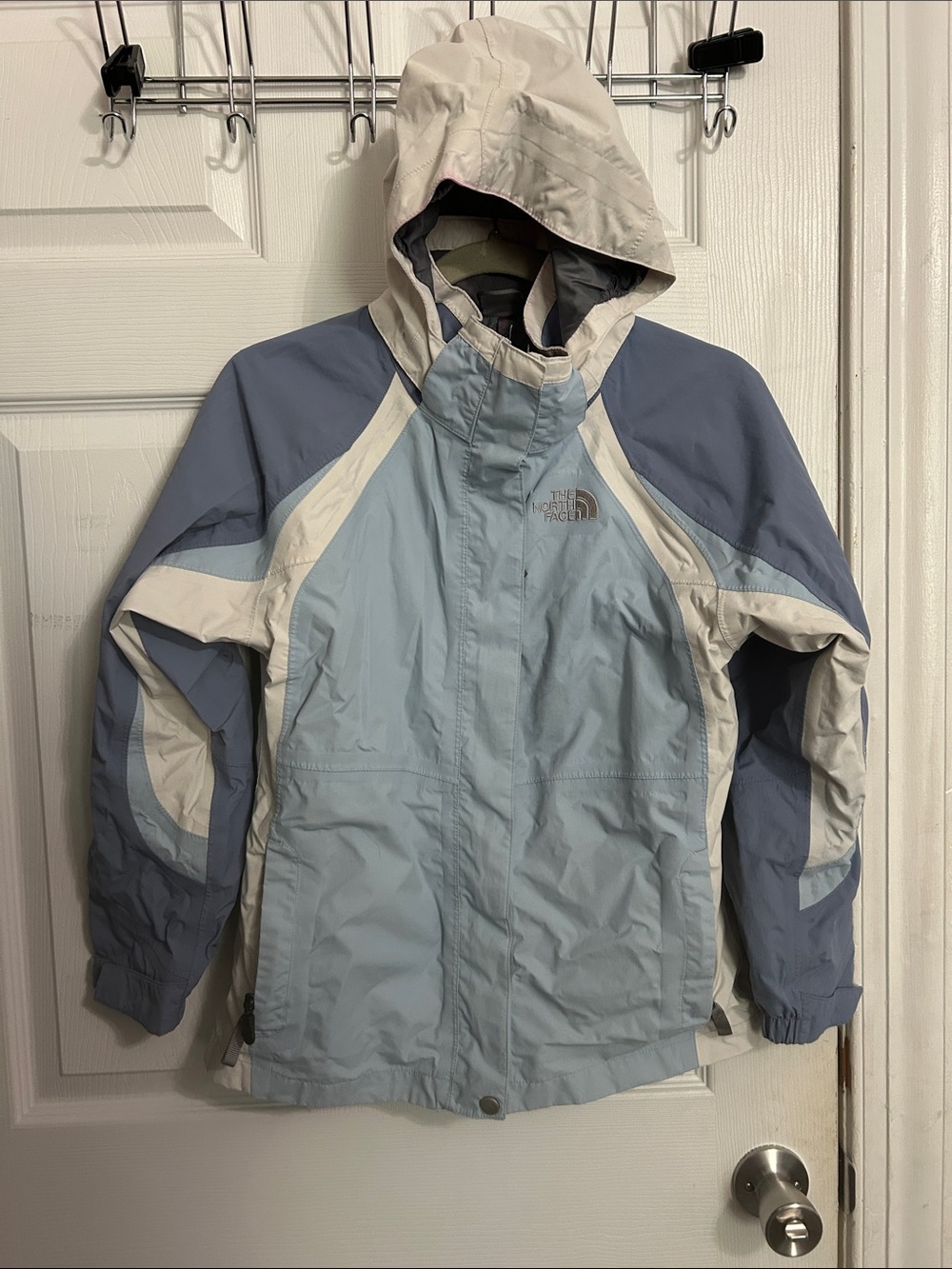 The North Face Light Blue, Slate & White Hooded Rain Jacket